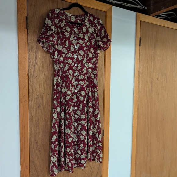 Vintage Dresses & Skirts - Burgundy 90s Midi Floral Day Dress